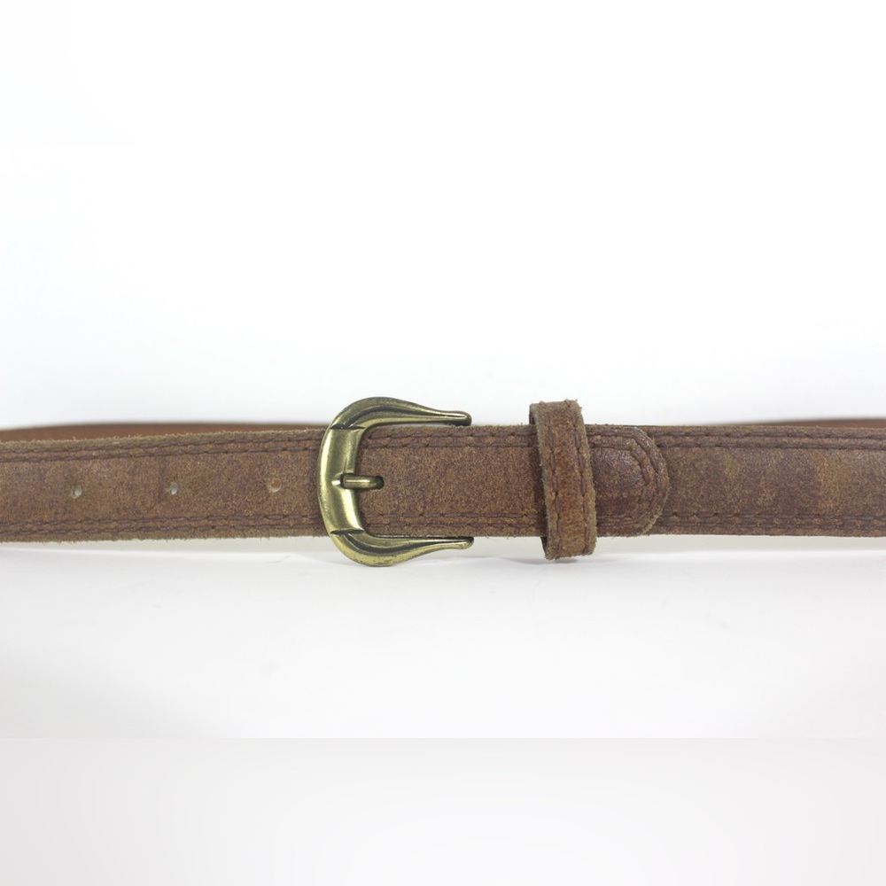 28”-32 Vintage Rusty Brown Sueded Leather Belt with Gold Brass Buckle Narrow